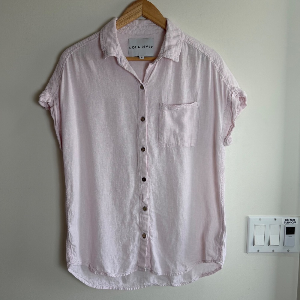 Lola River Short Sleeve Linen Blend Button Down Pink Womens Medium Summer Top